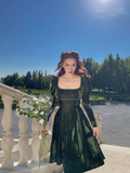 Vintage A Line Long Sleeve Green Velvet Short Prom Dress Homecoming Dress HZ1023