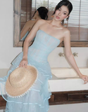 Baby Blue Sheath Strapless Layered Lace Tulle Prom Dress Evening Dress HZ1023