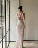 Exquisite Sheath Spaghetti Strap Beaded Tulle Prom Dress Evening Dress Party Dress HZ1023
