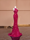 Barbie Pink Mermaid Halter Sequin Open Back Long Prom Dress Party Dress HZ1023