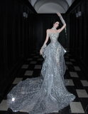 Silver Sequin Shiny Ball Gown Strapless Long Sweep Prom Dress Evening Dress Party Dress HZ1023