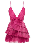 Unique Hot Pink Pleated V-Neck Homecoming Dress HZ1023