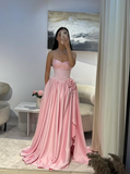 Pink A Line Sweetheart Neck Pleated Satin Prom Dress Wedding Guest Dress with Slit HZ1023