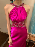 Vintage Mermaid Halter Beaded Sequin Pink Satin Long Open Back Party Dress Cocktail Dress HZ1023