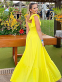 Cute A Line Straps Bow Yellow Satin Long Prom Dress Evening Dress HZ1023