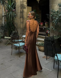 Simple Brown A Line Spaghetti Strap Satin Open Back Prom Dress Wedding Guest Dress HZ1023