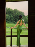 Charming Green Sheath Halter Satin Open Back Prom Dress 21th Birthday Dress HZ1023