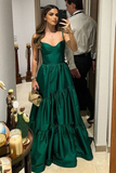 Modern A-Line Straps Green Sleeveless Pleated Long Prom Dress HZ1023