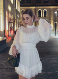 Simple A Line Round Neck Long Sleeve White Chiffon Short Homecoming Dress Outfits HZ1023
