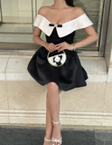 Stunning A Line Off the Shoulder White Black Satin Short Homecoming Dress Birthday Dress HZ1023