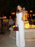 Stunning White Sheath Spaghetti Strap Sequin Party Dress Wedding Guest Dress Prom Dress HZ1023