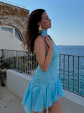 Flowy Blue A Line Halter Chiffon Mini Homecoming Dress HZ1023