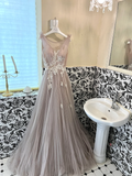 Dusty Rose Quartz A Line Round Neck White Appliques Tulle Long Party Dress Prom Dress Formal Dress HZ1023