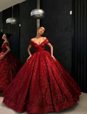 Stunning Burgundy Ball Gown Off the Shoulder Sequin Prom Dress Wedding Guest Dress HZ1023