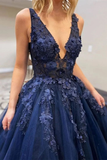 Dark Blue V Neck Lace Beaded Long Formal Prom Dresses HZ1023