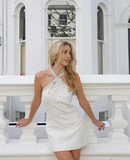 Simple A Line Halter Rhinestone Satin Short Homecoming Dress Evening Dress HZ1023