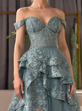 Blue A Line Off the Shoulder Appliques Tiered Petal Tulle Prom Dress Evening Dress HZ1023