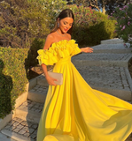 Charming A Line Off the Shoulder Yellow Satin Prom Dress Evening Dress HZ1023