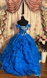 Royal Blue Ball Gown Off the Shoulder Floral Layered Organza Long Prom Dress Evening Dress HZ1023