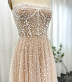 Elegant A Line Strapless Sequin Pearl Beaded Tulle Long Prom Dress Evening Dress HZ1023