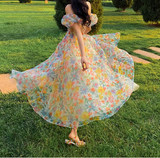 Unique Print Floral A Line Off the Shoulder Chiffon Long Prom Dress Party Dress HZ1023