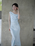 Gentle Baby Blue Sheath Straps Pleated Satin Prom Dress Evening Dress HZ1023