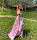 Princess A Line Off the Shoulder Corset Pink Satin Long Sweep Prom Dress with Slit HZ1023