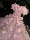 Princess A Line Off the Shoulder Pink Feather Flower Sequin Prom Dress Evening Dress HZ1023