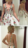 Charming V neck A Line Prom Dress with Embroidery, Open Back Evening Dress HZ1023