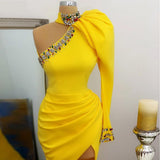 Yellow White Long Sleeves Satin Cocktail Dresses High Neck One Shoulder Crystal Slit Party Formal Prom Dresses HZ1023