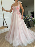 Long Pink Tulle Prom Dress Party Gowns HZ1023