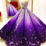 Stunning Purple Princess Quinceanera Dresses Crystal Beads Sash Butterfly Lace Appliques Ball Gown Prom Gowns HZ1023