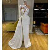 Exquisite Lace White Prom Dresses High Neck One Shoulder Long Sleeve Formal Evening Gowns Side Split Robes De Mari¨¦e HZ1023