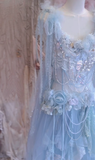 Baby Blue A Line Straps Floral Beaded Tulle Short Prom Dress 16th Birthday Dress HZ1023