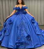 Gorgeous Ball Gown Off the Shoulder Flower Appliques Blue Satin Sweet 16 Dress, Quinceanera Dress HZ1023