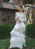 Elegant Sheath Long Sleeve Ruffles White Lace Chiffon Prom Dress Evening Dress HZ1023