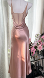 Pink Mermaid Spaghetti Strap Simple Satin Tulle Date Dress Evening Dress Wedding Guest Dress HZ1023