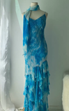 Blue Sheath Spaghetti Straps Beaded Ruffle Chiffon Prom Dress Evening Dress HZ1023