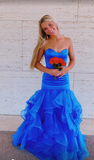 Fashion Strapless Blue Mermaid Layered Tulle Long Prom Dress HZ1023