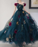 Unique Off The Shoulder Tulle Appliques Long Evening Dress Formal Prom Dress HZ1023