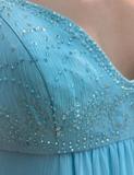 2025 New A Line Spaghetti Strap Beaded Sequin Blue Chiffon Prom Dress Evening Dress HZ1023