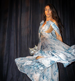 2025 New A Line Off the Shoulder Print Floral Chiffon Prom Dress Evening Dress HZ1023