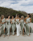 Pretty Sheath One Shoulder Green Satin Bridesmaid Dress Evening Dress with Slit HZ1023