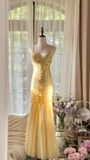 Light Yellow Mermaid Spaghetti Strap Sequin Beaded Chiffon Open Back Party Dress Evening Dress HZ1023