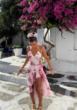 Pink Print Floral A Line Straps Ruffle Chiffon Prom Dress Party Dress HZ1023