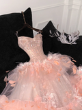 3D Floral Ball Gown Strapless Feather Sequin Tulle Prom Dress Party Dress HZ1023