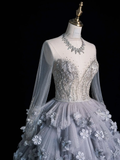 Unique A Line Long Sleeve Flower Tiered Tulle Long Party Dress Evening Dress Ball Gown HZ1023