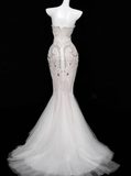 Charming Mermaid Strapless Rhinestone White Tulle Long Prom Dress HZ1023