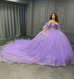 Purple Ball Gown Off the Shoulder Beaded 3D Flowers Sweet 16 Dress Girls Party Gowns vestidos de quincea?era HZ1023