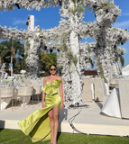 2025 New Mermaid Strapless Bow Green Satin Prom Dress Graduation Prom Dress with Slit HZ1023